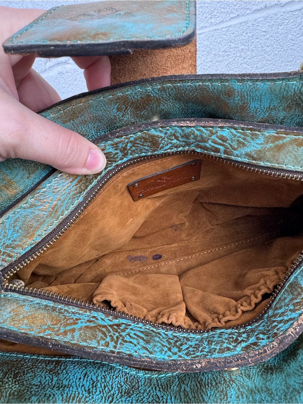 Patricia Nash Turquoise Gold Tooled Floral Leather Satchel Tassel Bag - Picture 9 of 15